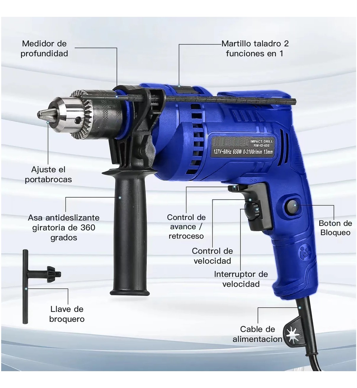 Taladro Rotomartillo Destornillador Malubero Electrico C/brocas Azul image number null