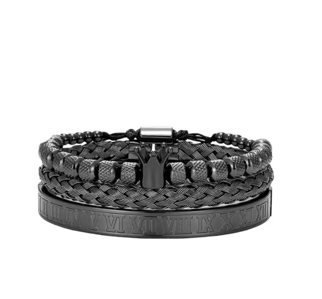 Set 3 Pulseras De Corona Acero Lujo Romano Brazalete Inox Modelo Negro image number null