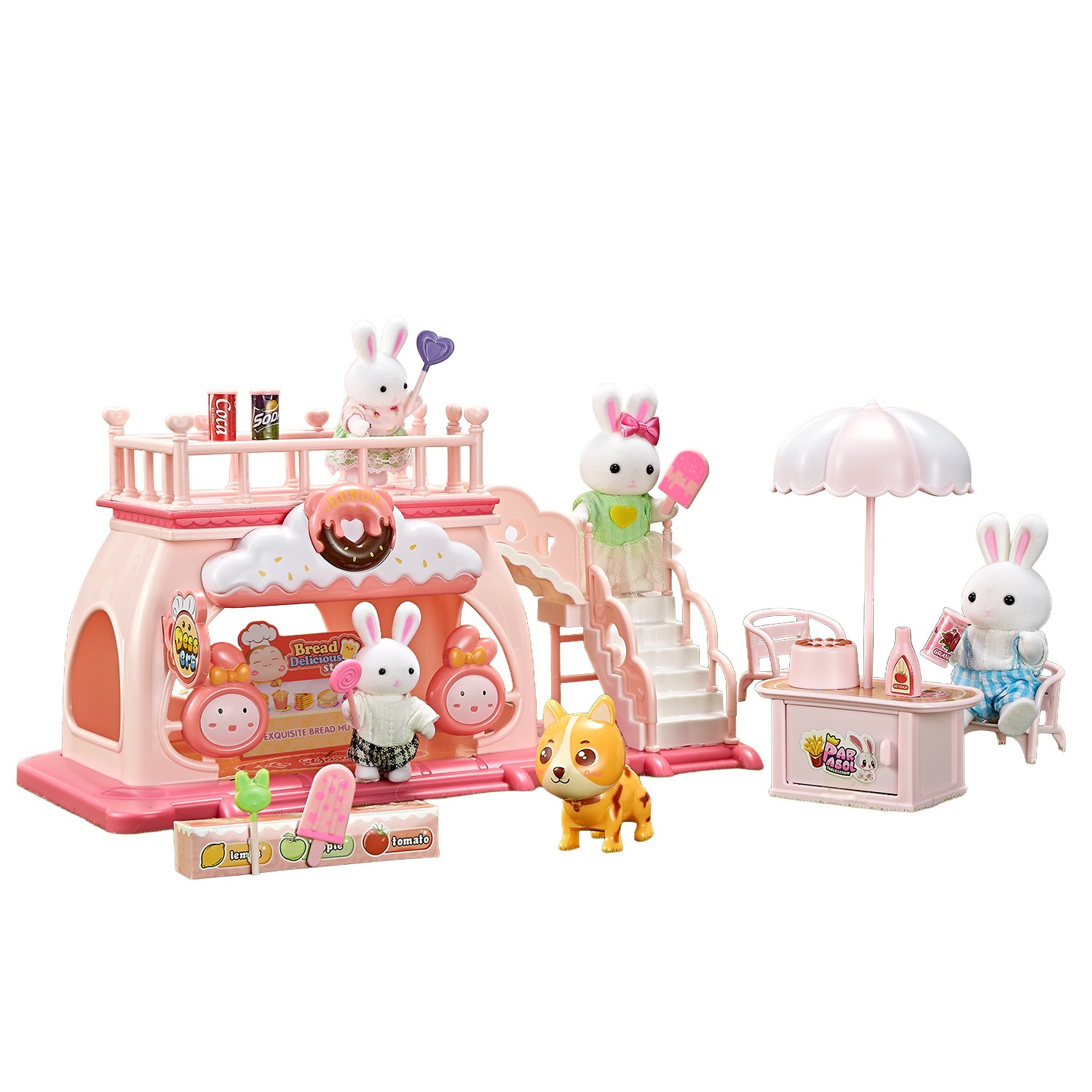 Juguete Casa de Mu&ntilde;ecas Set Tienda de Postres de Conejitos con Terraza, Resbaladilla, Accesorios y Figuras Incluidas image number null