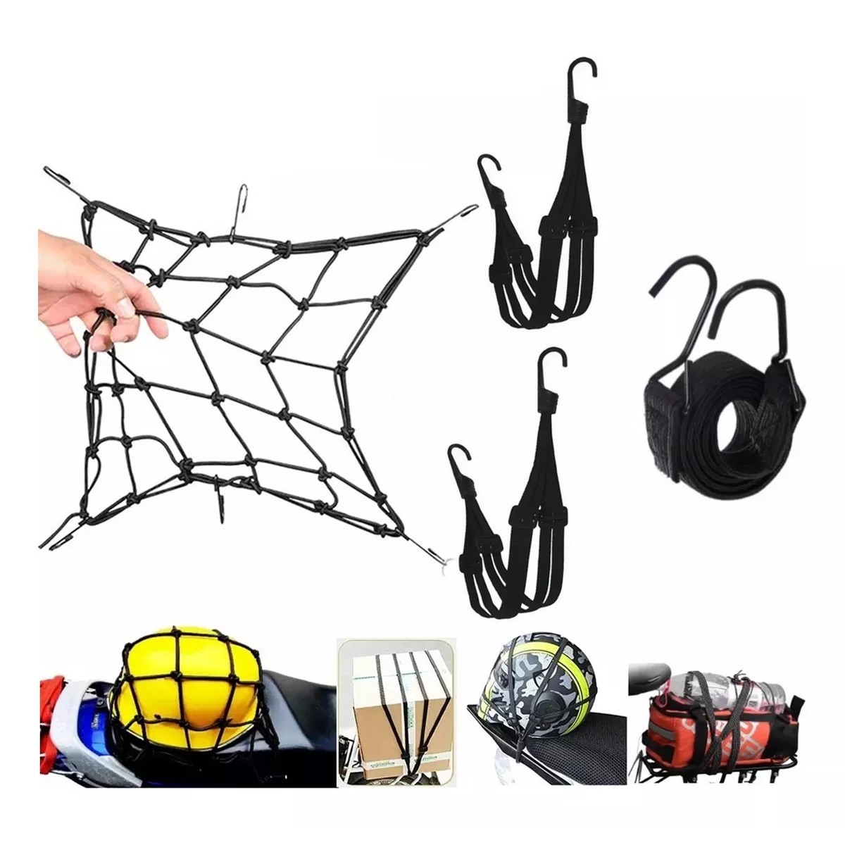 Redes Malla Moto Sujetar Casco Portabulto Cuerda Gancho 4pcs. image number null