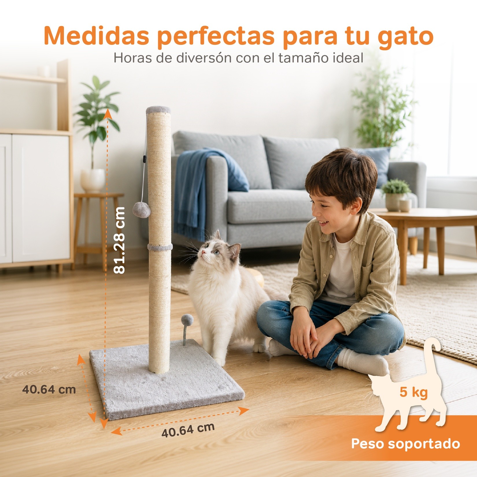 Poste Rascador para Gato Poli Pets Tonkin&eacute;s con Sisal Natural de 81 cm de Altura y Pelota Amovible image number null