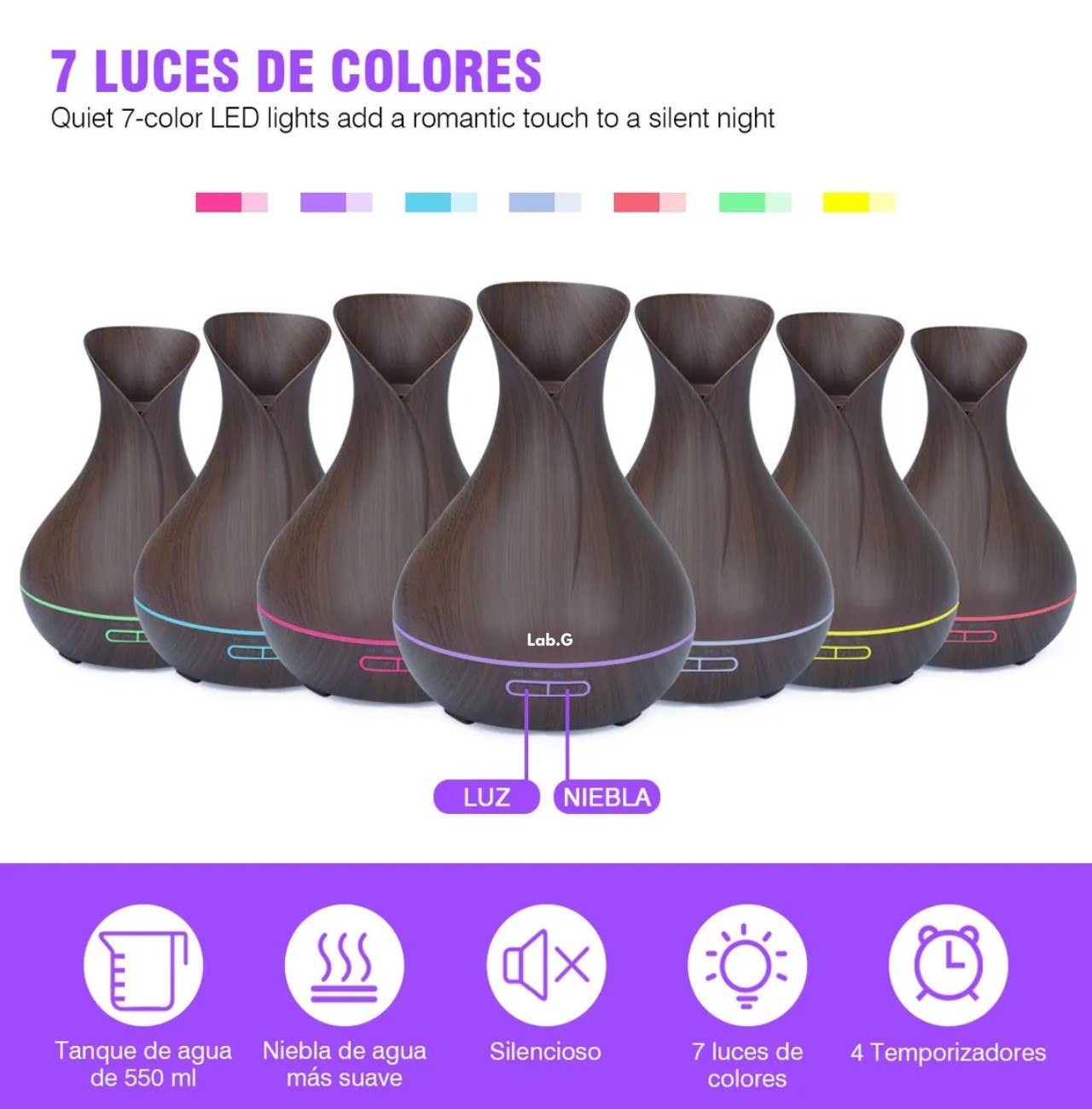 Humidificador Difusor Ultras&oacute;nico 400ml Luces Control Remoto Chocolate oscuro image number null