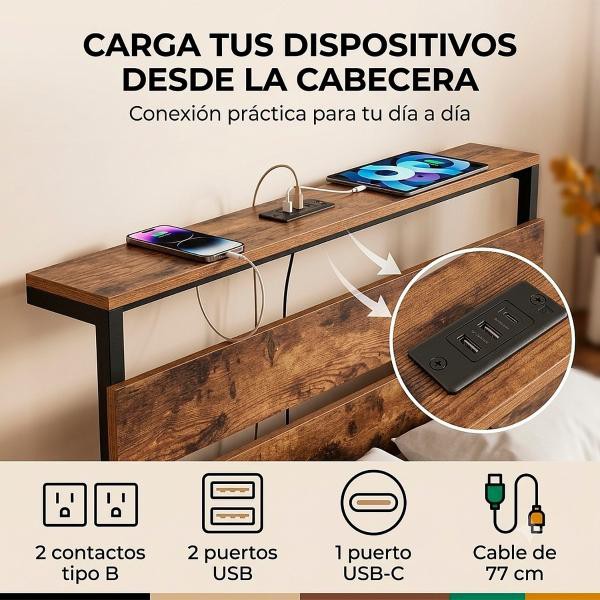 Base Cama Individual Reforzada 300kg Moderna Luz Led Usb C Negro Houzer image number null