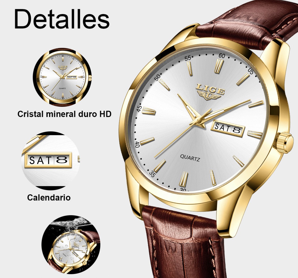 Reloj De Cuarzo Hombre Lige LG8970 Pulsera De Cuero Correa Marr&oacute;n Bisel Dorado Fondo Blanco Quartz 3 ATM 22mm Anchura Wristwatch image number null