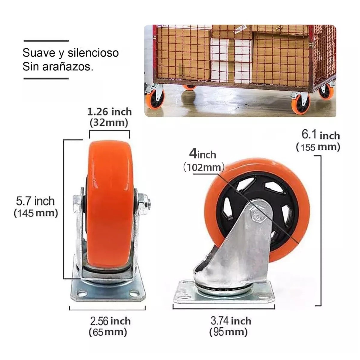 Rueda De Pvc 360 Grados Funci&oacute;n Giratoria Rodaja Con Freno 4 Pcs Naranja image number null