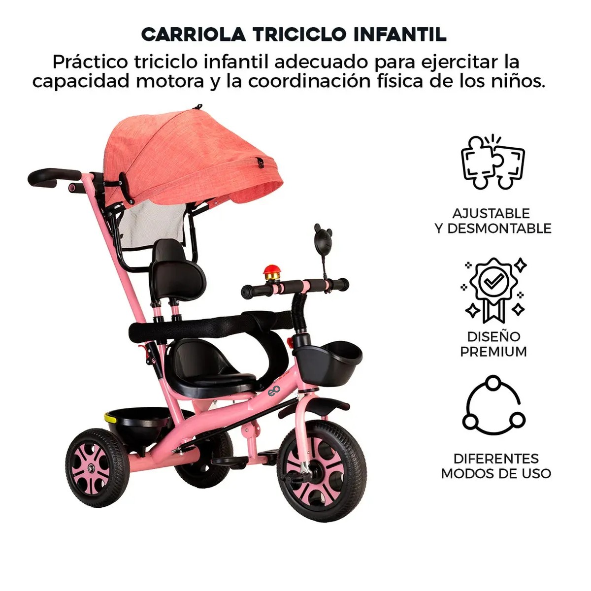 Triciclo Bicicleta Infantil Carriola Bebe Paseo Con Cajuela Color Rosa image number null