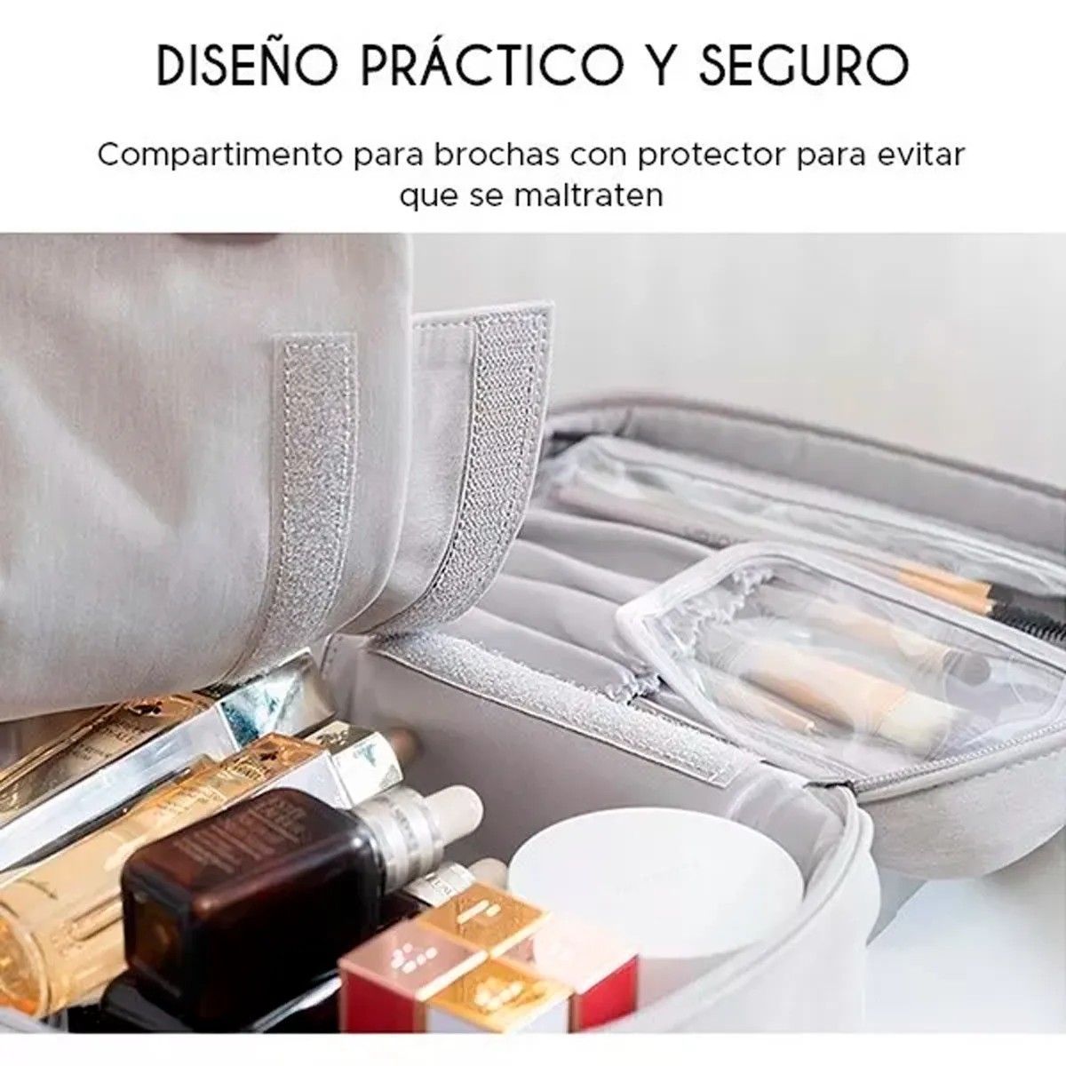 Cosmetiquera Bolsillos Brochas Bolsa Central Desprendible Color Gris image number null