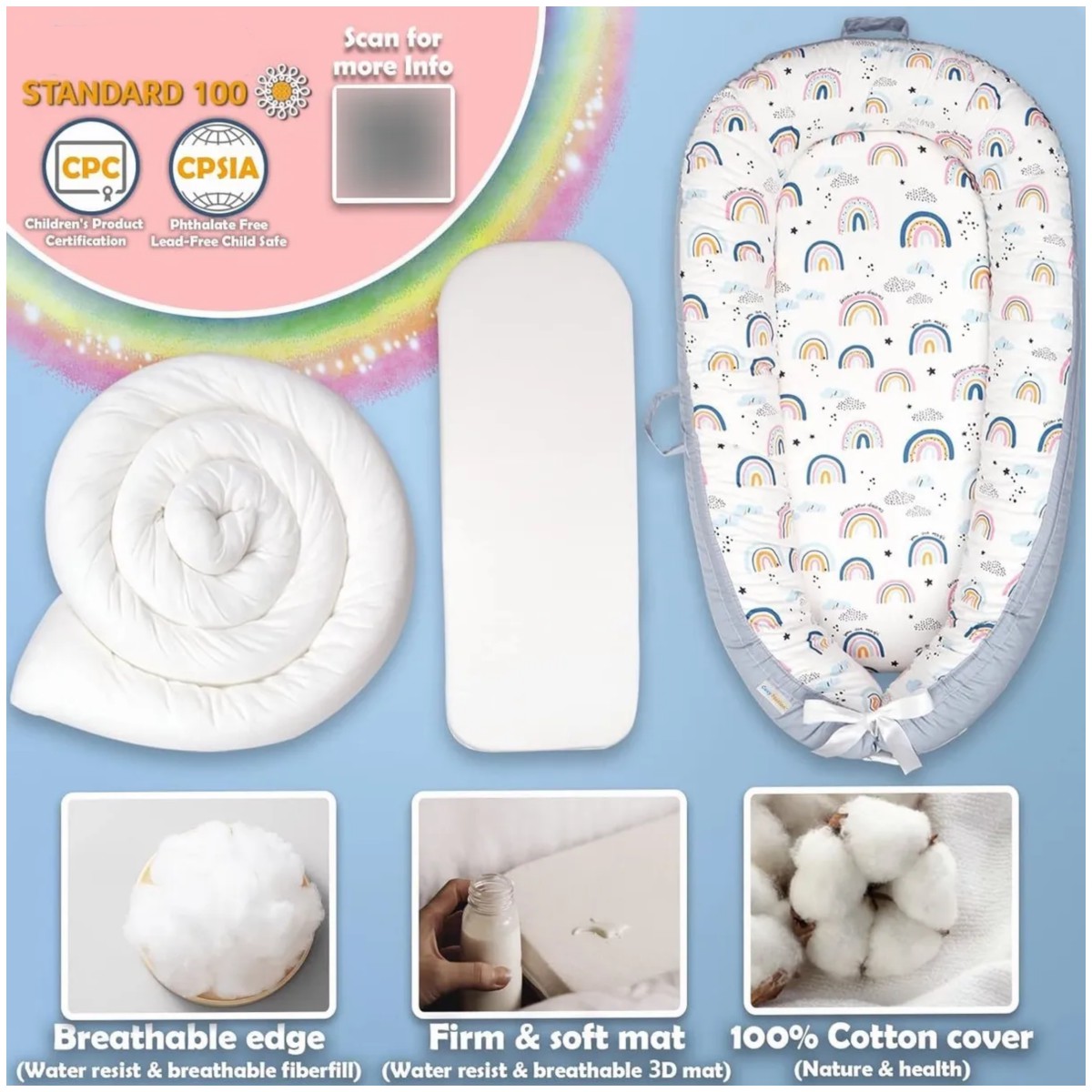 Nido Colecho Para Beb&eacute;s Cuna Port&aacute;til Cama Con Almohada arco&iacute;ris image number null