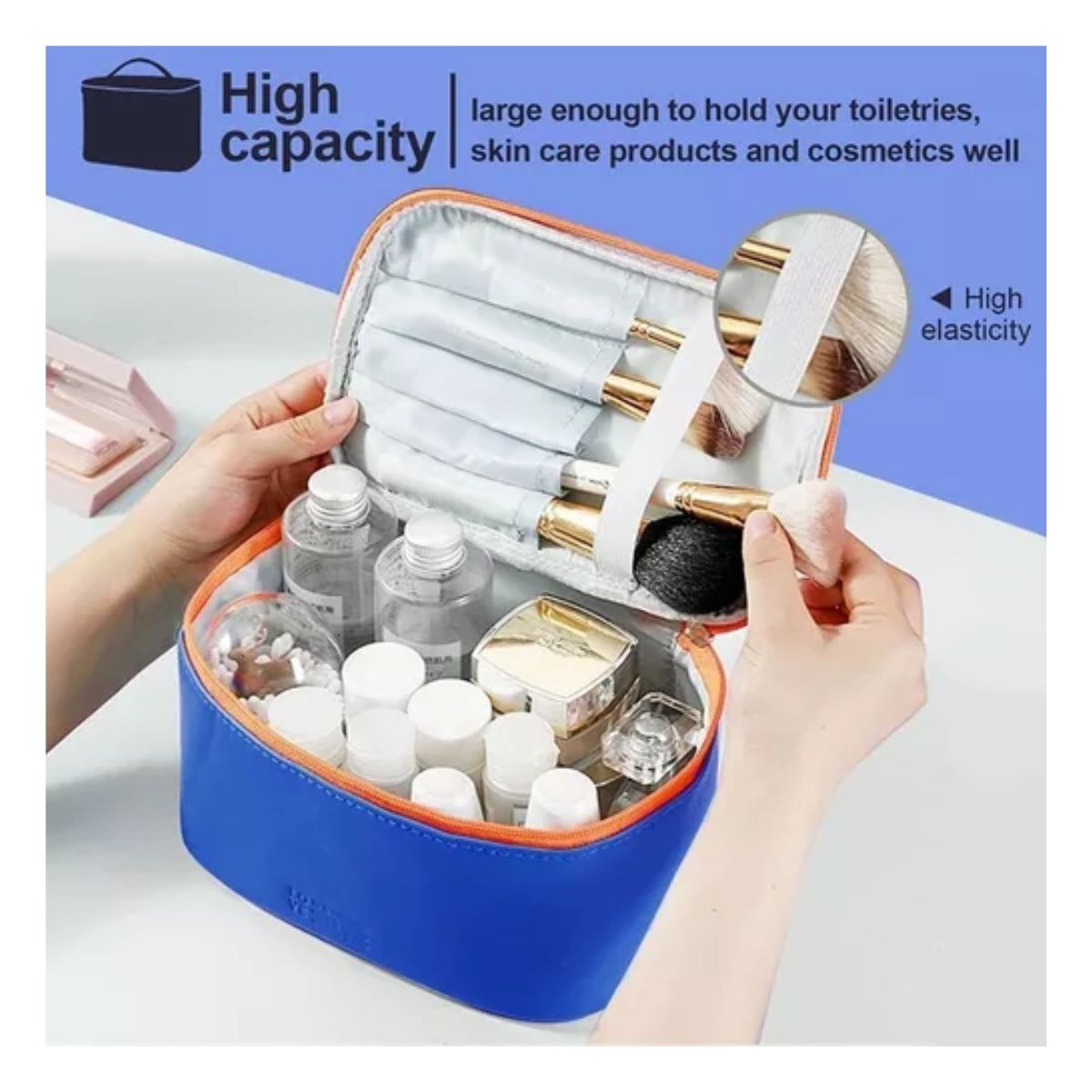 Bolsa De Maquillaje Cosm&eacute;ticos Viaje Organizador Impermeable Azul image number null