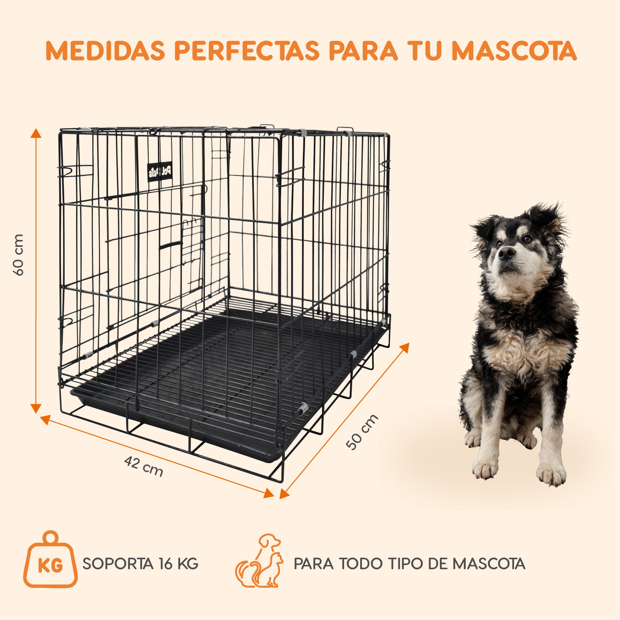 Jaula para Mascota Poli Pets Mediana de Acero Galvanizado 60 &times; 42 &times; 50 cm Plegable con Charola Extra&iacute;ble y Doble Puerta image number null