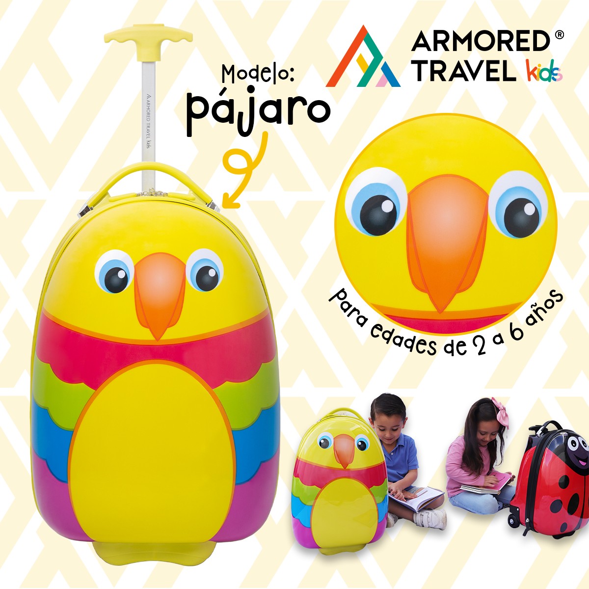 Maleta de viaje ni&ntilde;as ni&ntilde;os carry-on mochila r&iacute;gida infantil con ruedas 16 k&iacute;nder Preescolar usos m&uacute;ltiples Edades 2 a 6 a&ntilde;os Armored kids P&aacute;jaro. image number null