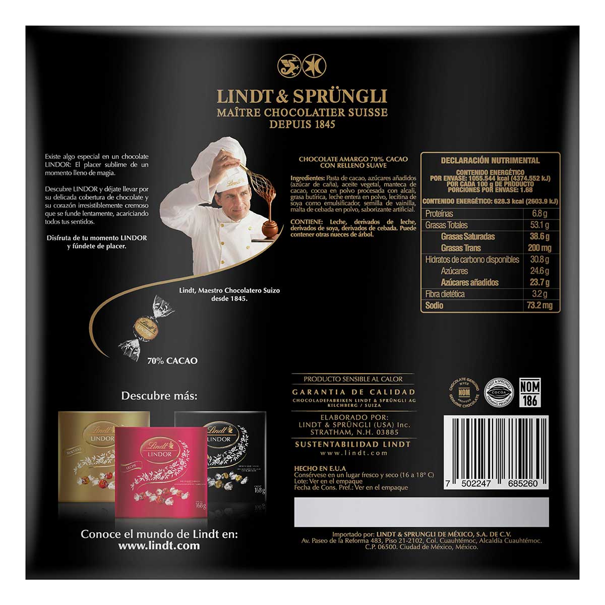 Caja de Chocolates Lindt 70% Cacao 168 g image number null