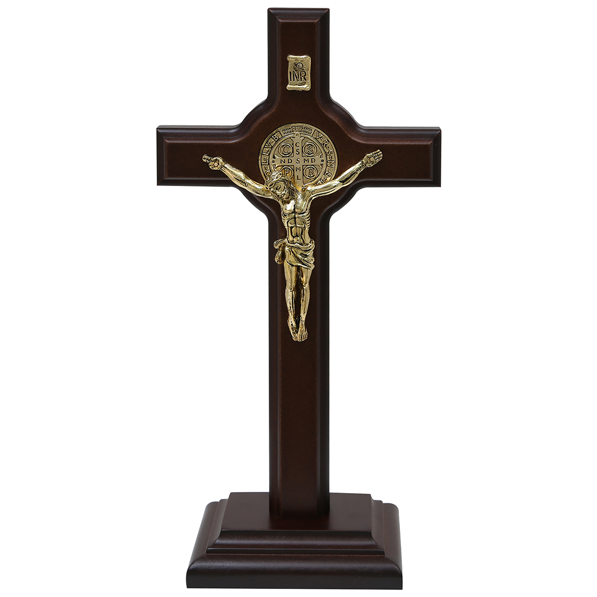 Crucifijo Chico Con Base De Madera Y Metal Con Medalla De San Benito En Chapa De Oro Jorvina image number null