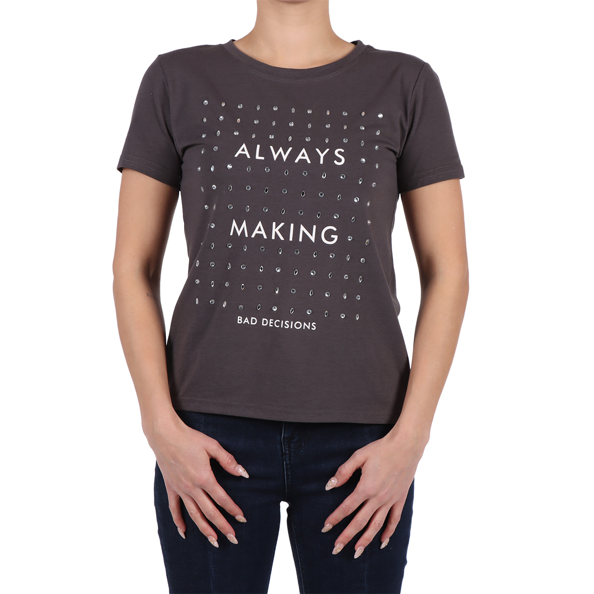 Playera con Estampado Texto y Pedrer&iacute;a STUDIO SI para Mujer image number null