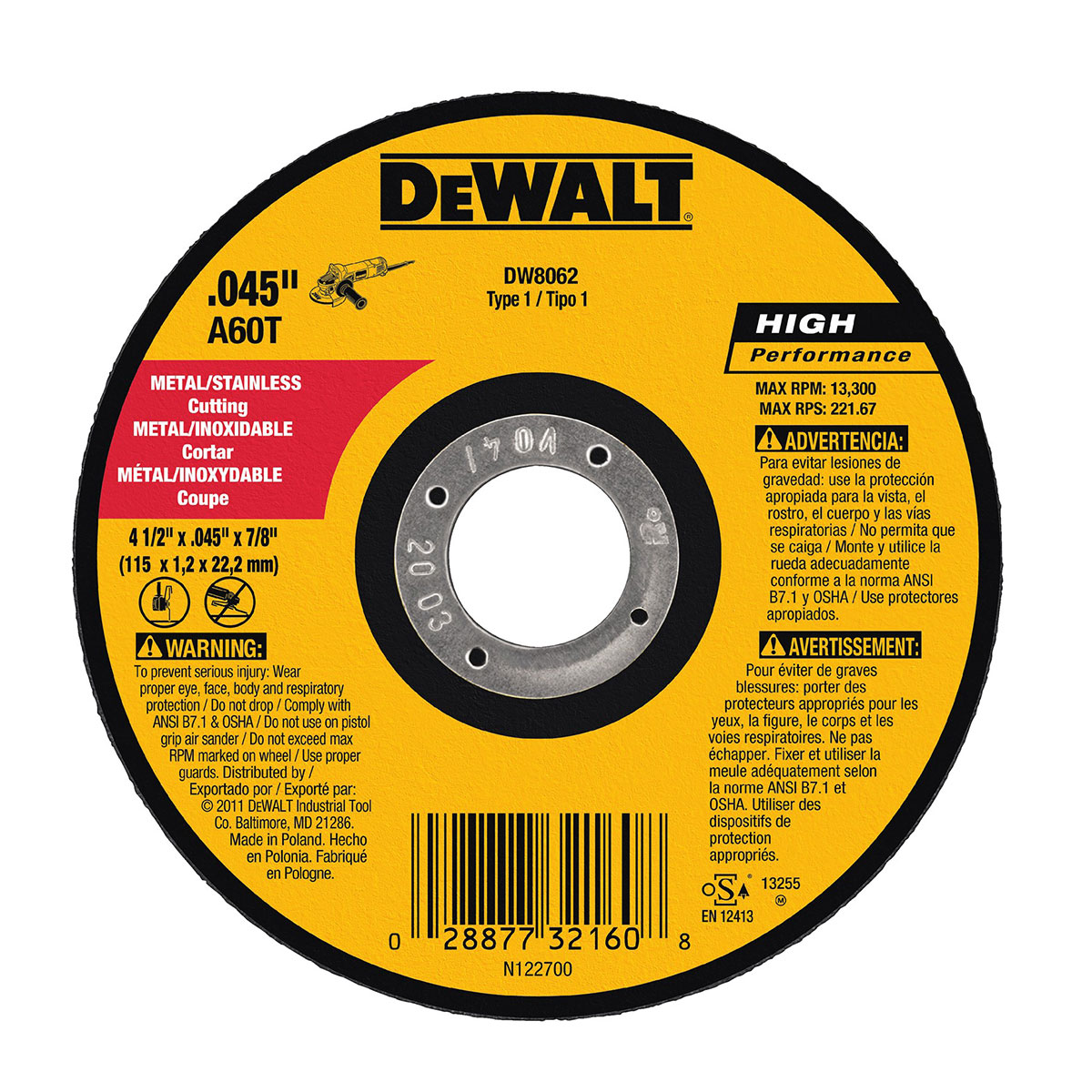Disco Abrasivo Ultra Delgado 4 1/2" Corte en Metal DEWALT image number null