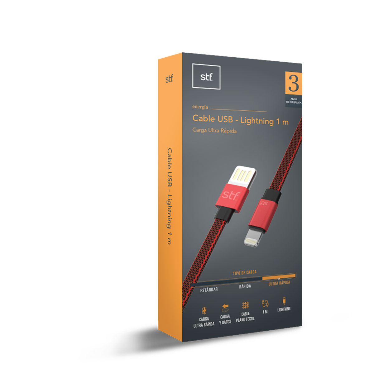 Cable USB- Lightning Carga Ultra R&aacute;pida 1m Rojo/ Negro STF image number null