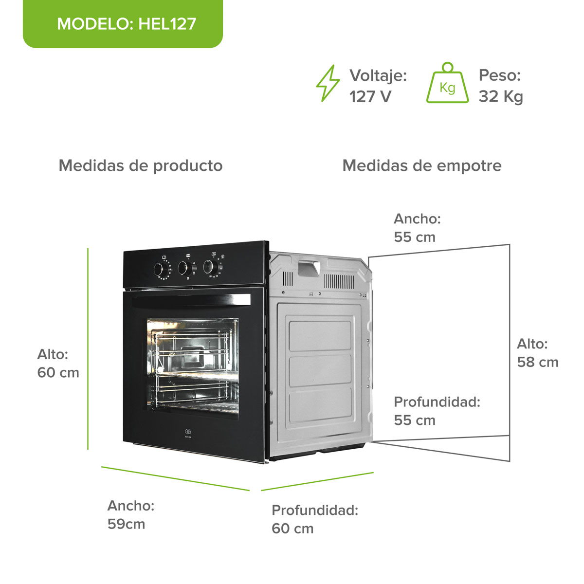 HORNO EMPOTRABLE ELECTRICO 67L CON CONV HEL127 image number null