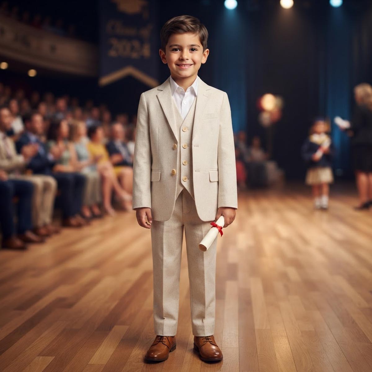 Traje en Mezcla de Lino con Chaleco Oscar Collection Beige para Ni&ntilde;o image number null