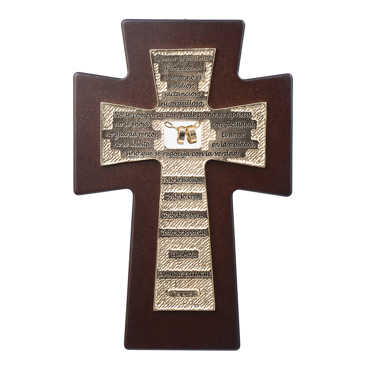 Crucifijo De Madera Matrimonio Con Texto Grabado Y Anillos En Metal Chapado En Oro Jorvina image number null