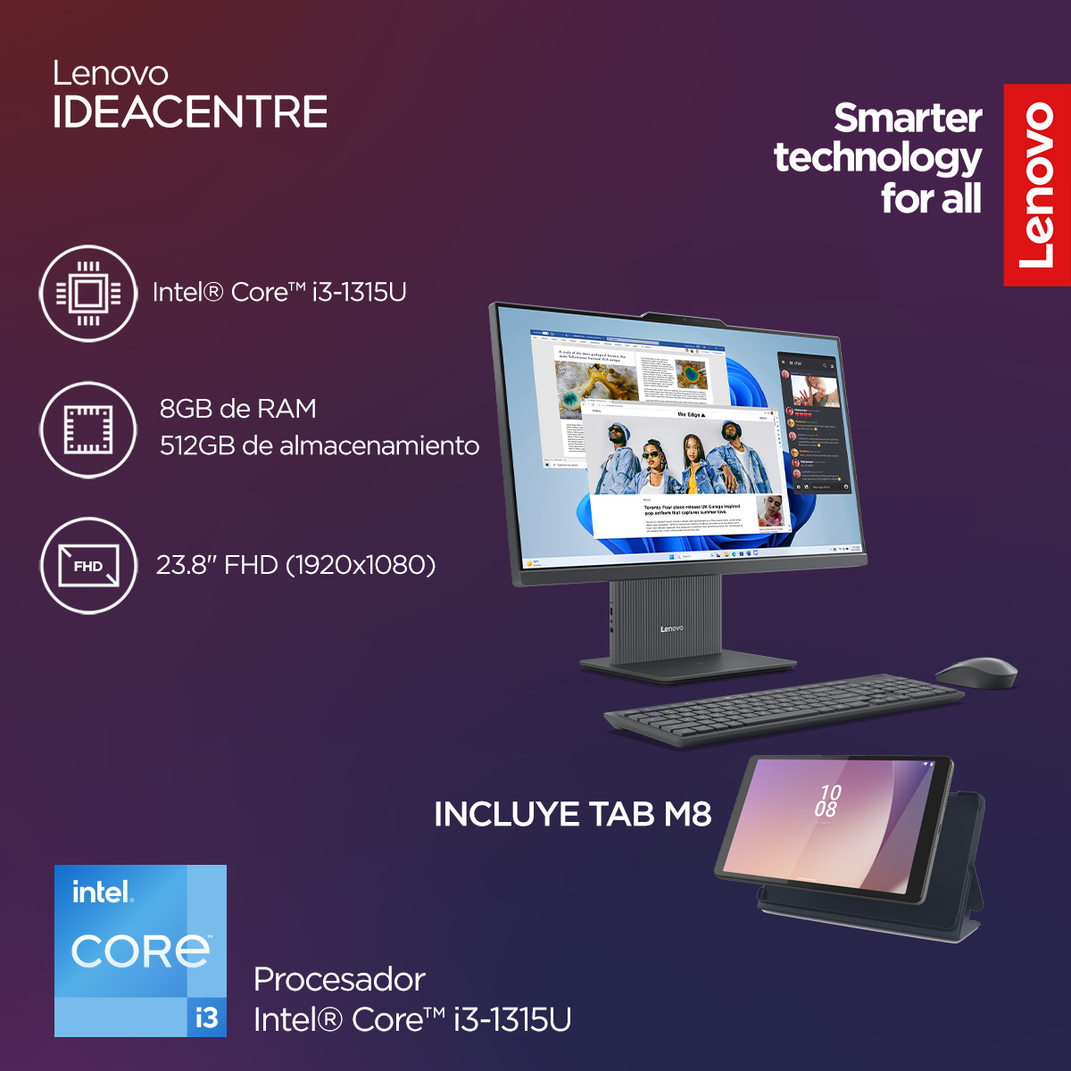 Bundle Desktop All In One Lenovo IdeaCentre 23.8 Intel Core i3 8 GB RAM 512 GB SSD Windows 11 + Lenovo Tab M8 4th Gen" image number null