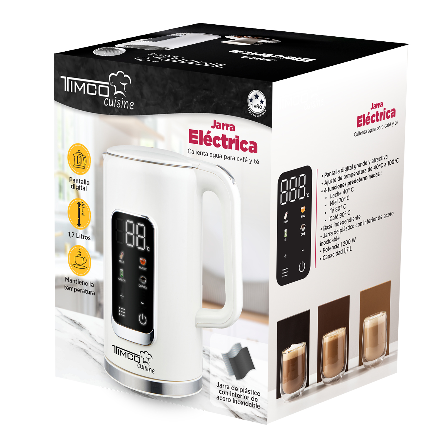 TIMCO Tetera El&eacute;ctrica con Pantalla Digital en Color Blanco y Capacidad de 1700 ml image number null