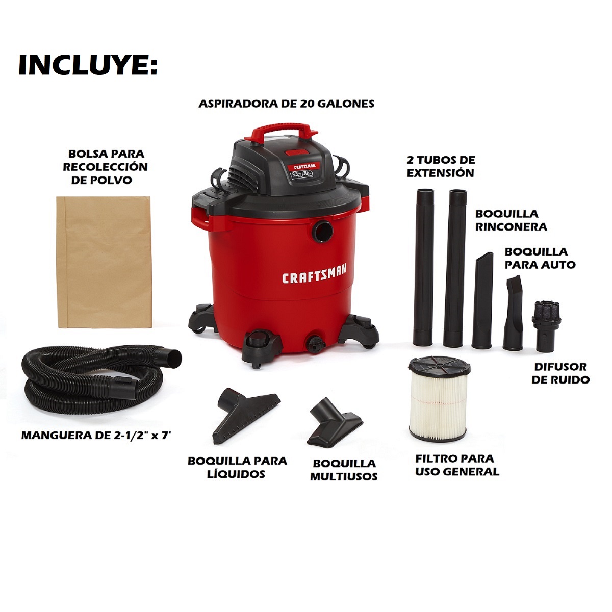 Aspiradora de 20 Galones y 6.5 HP para Seco y Mojado Mod. CMXEVBE17596 Craftsman image number null