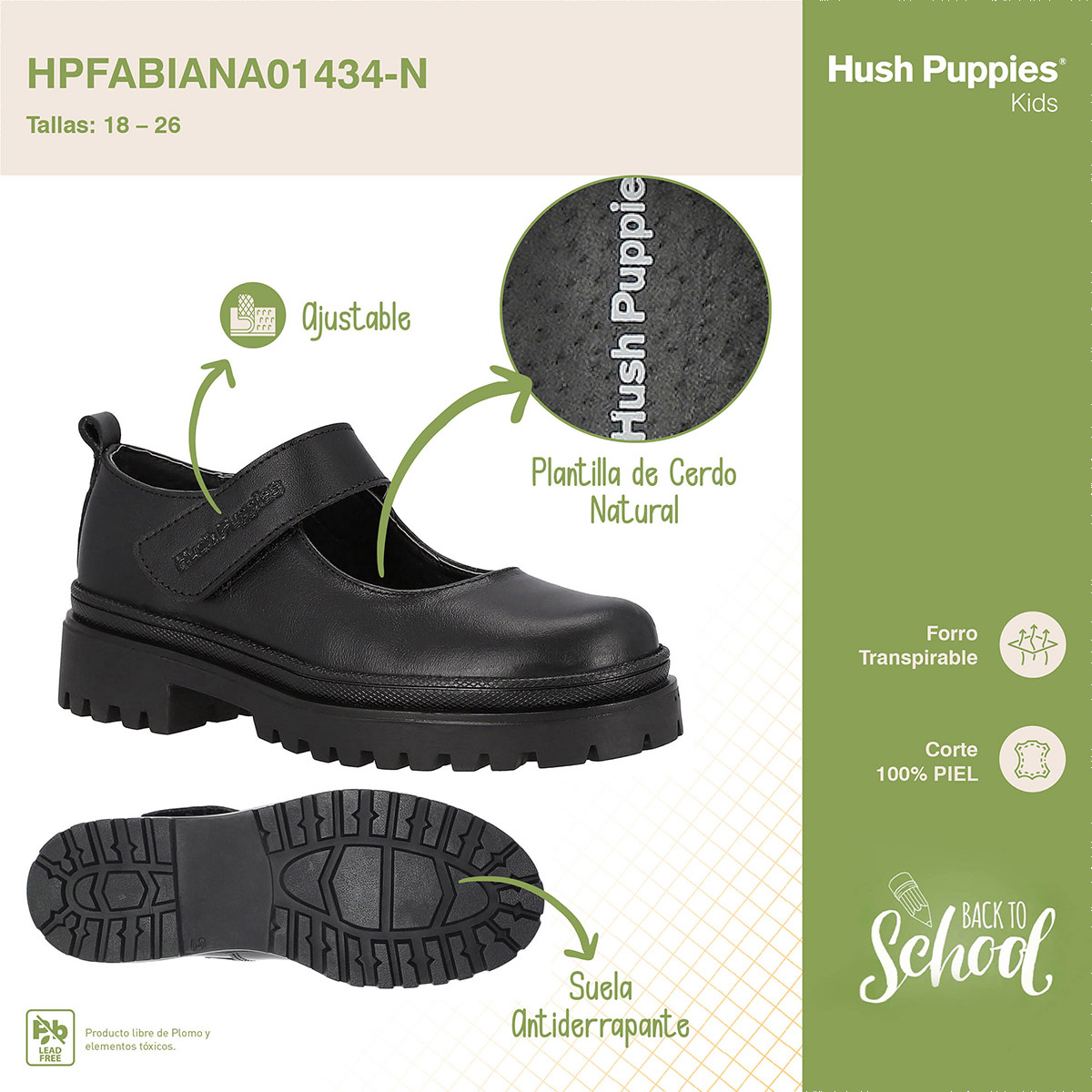 Zapato Escolar Hush Puppies en Charol Suela Gruesa y Ajuste Velcro para Ni&ntilde;a image number null