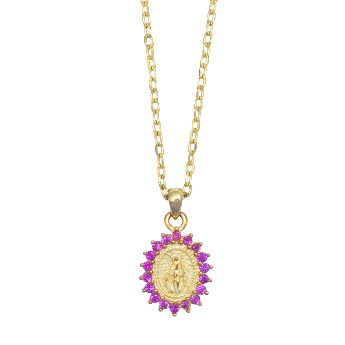 Medalla Peque&ntilde;a de La Virgen en Plata .925 con Cubic Cz Fucsia Acabado Dorado Joyer&iacute;a Religiosa image number null