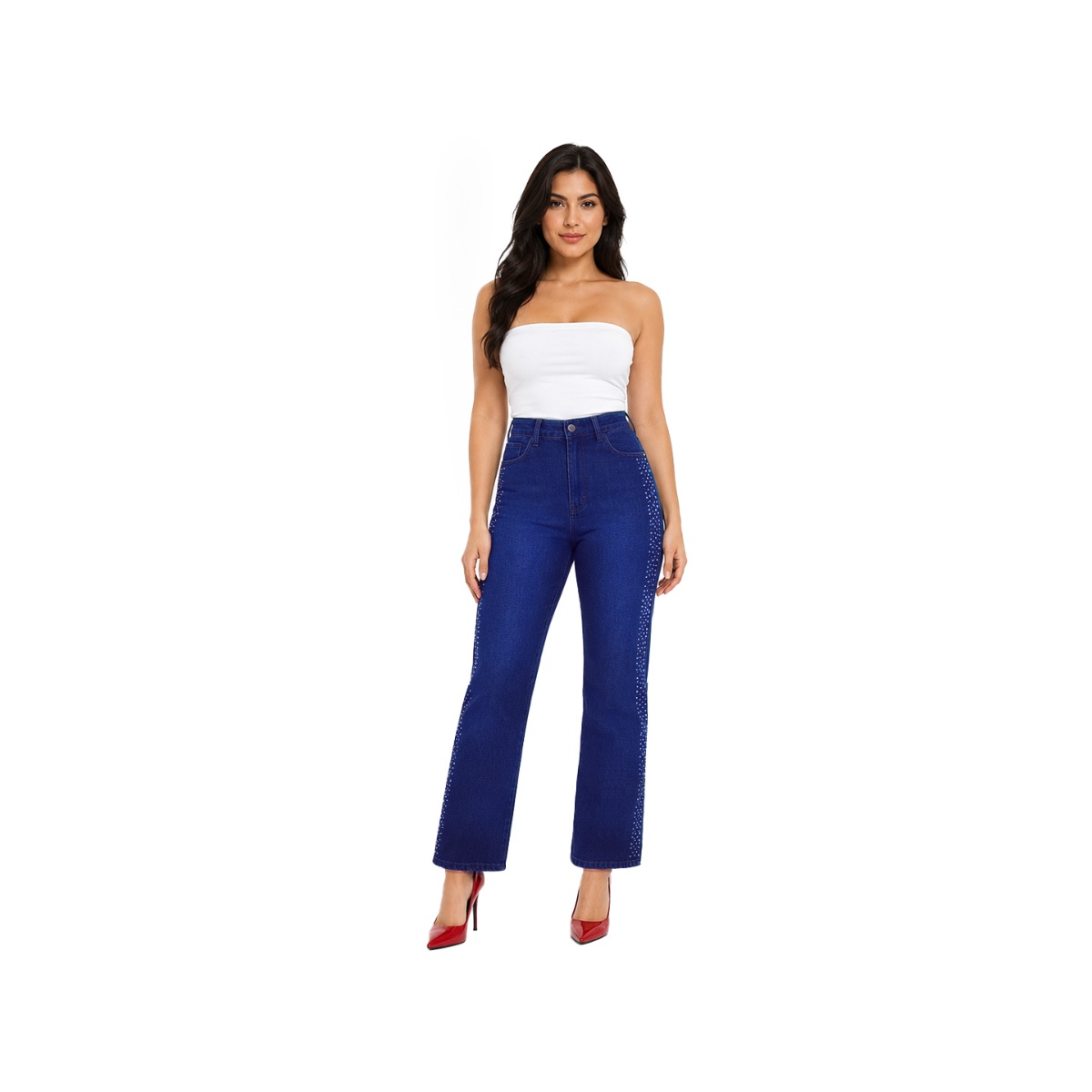 Jeans Corte Recto Con Cristales En Costados Beronna Para Mujer image number null