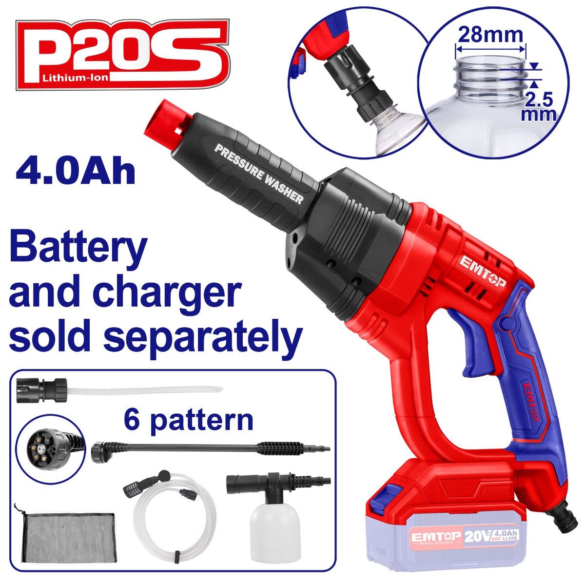 Kit Hidrolavadora inal&aacute;mbrica 20 V de 359 PSI EMTOP image number null