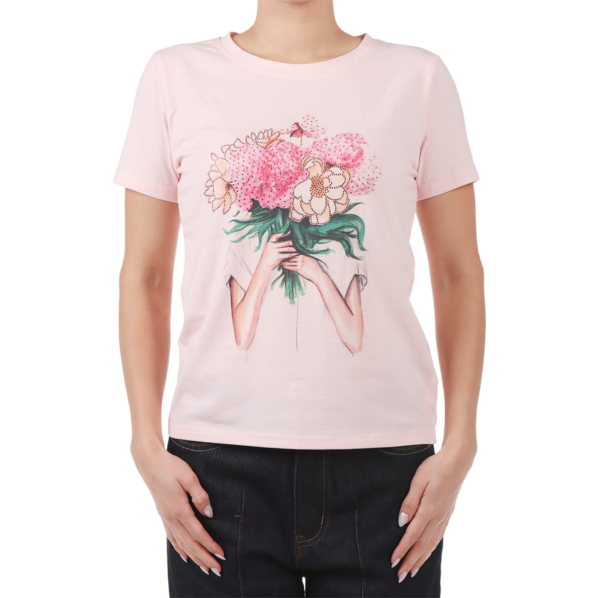 Playera Estampado Flores y Hot Fix Studio Si para Mujer image number null