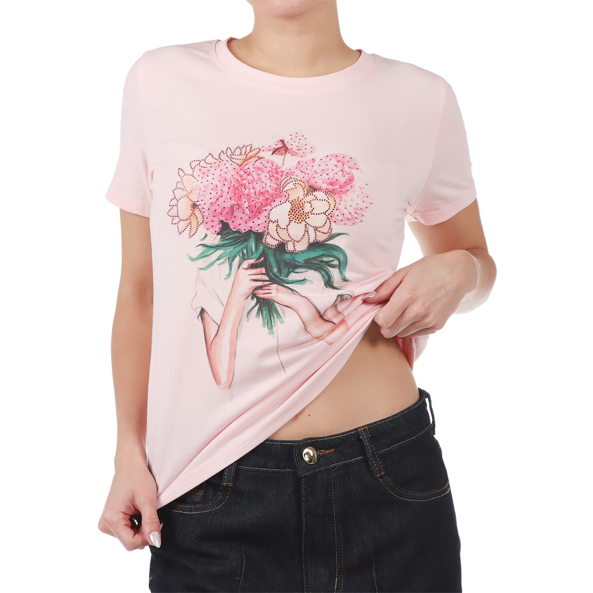 Playera Estampado Flores y Hot Fix Studio Si para Mujer image number null