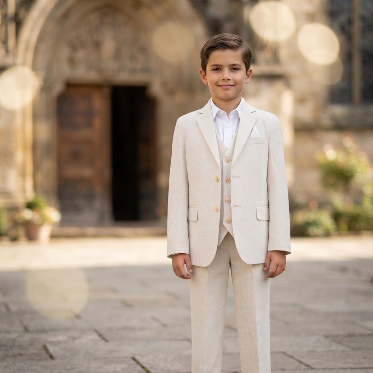 Traje en Mezcla de Lino con Chaleco Oscar Collection Beige para Ni&ntilde;o image number null