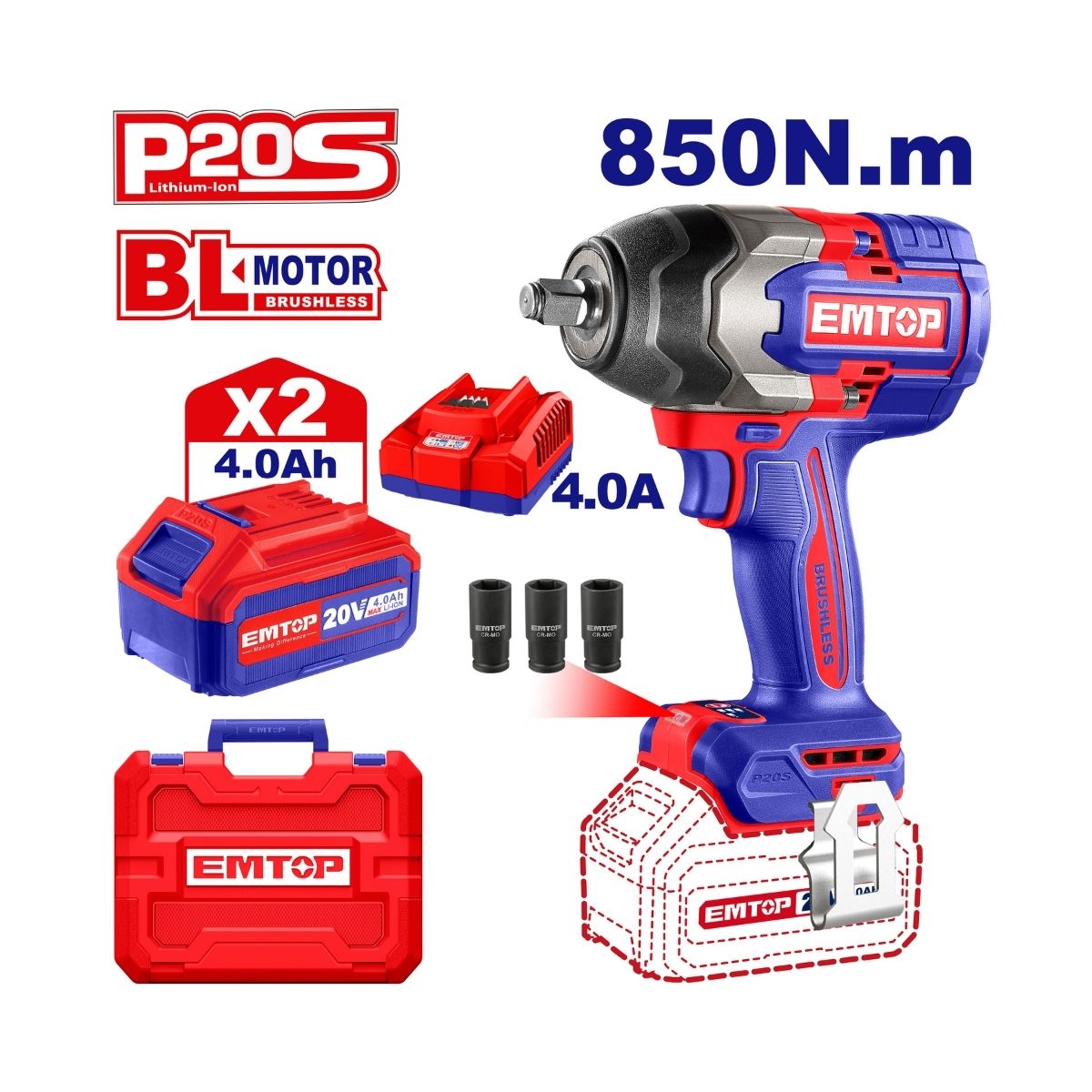 Kit Llave de impacto 1/2", 850 Nm Emtop image number null