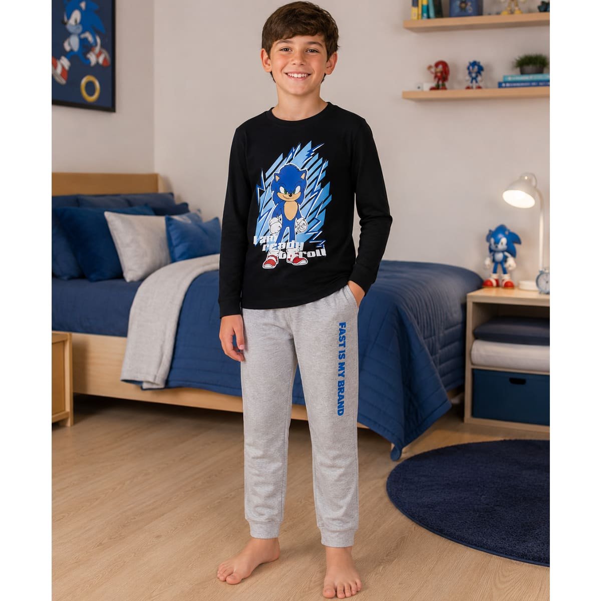 Pijama de Playera Manga Larga y Pantal&oacute;n con Dise&ntilde;o Sonic para Ni&ntilde;o image number null