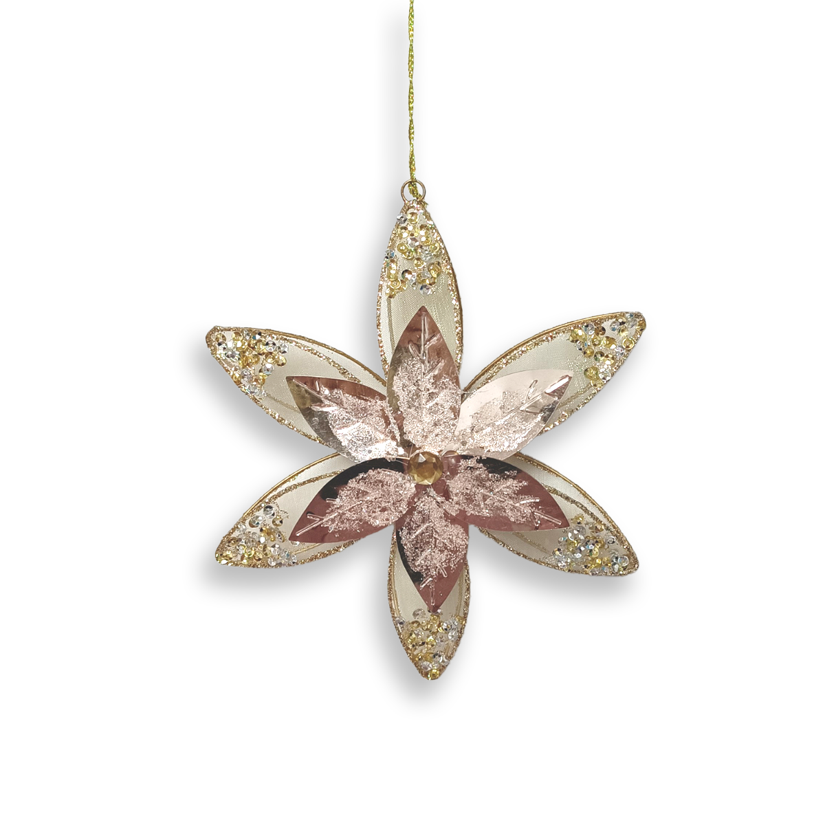 Colgante Navide&ntilde;o Flor De Nochebuena Con Diamantina Oro 16Cm image number null