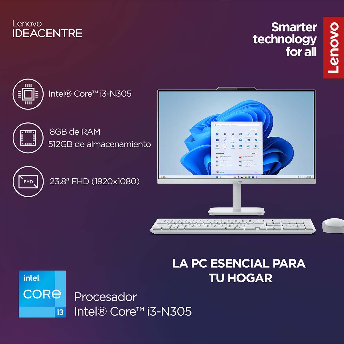&nbsp;All in one Lenovo Ideacentre A100, 23.8" FHD Intel Core i3, 8GB RAM 512GB SSD&nbsp; image number null