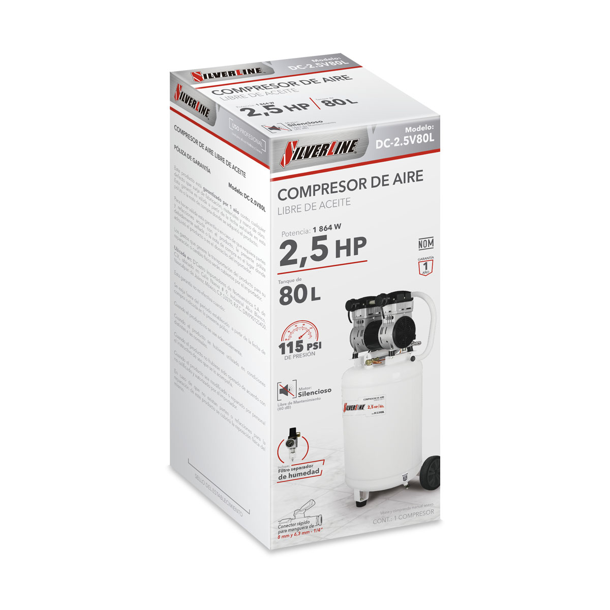 Compresor de Aire Libre de Aceite 2.5 HP Vertical DC-2.5V80L Silverline image number null