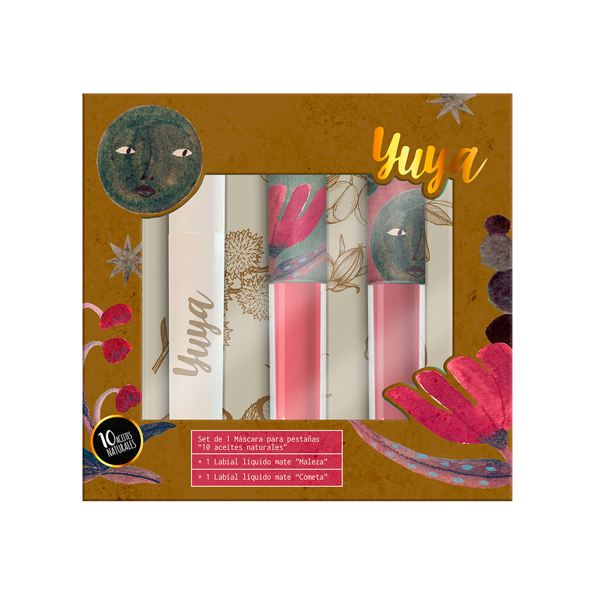 Set M&aacute;scara de pesta&ntilde;as 10 Aceites Naturales Negra + Labial Maleza + Labial Cometa YUYA image number null