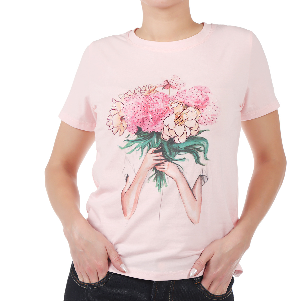 Playera Estampado Flores y Hot Fix Studio Si para Mujer image number null
