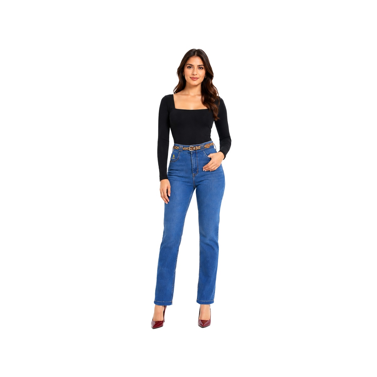 Jeans Corte Recto Con Pretina Ancha Para Mujer Petite image number null
