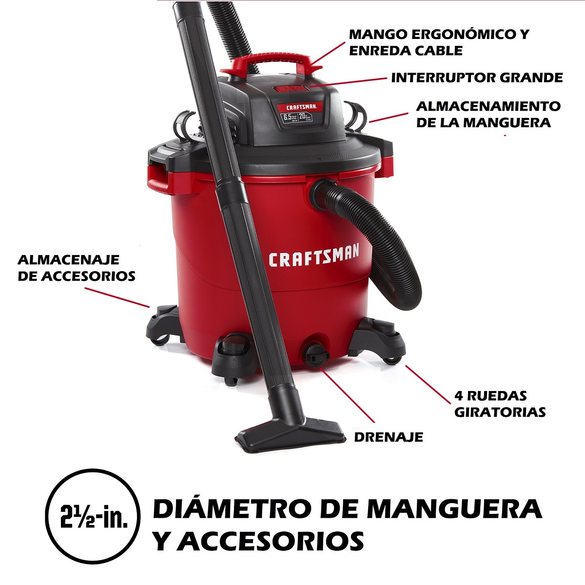 Aspiradora de 20 Galones y 6.5 HP para Seco y Mojado Mod. CMXEVBE17596 Craftsman image number null