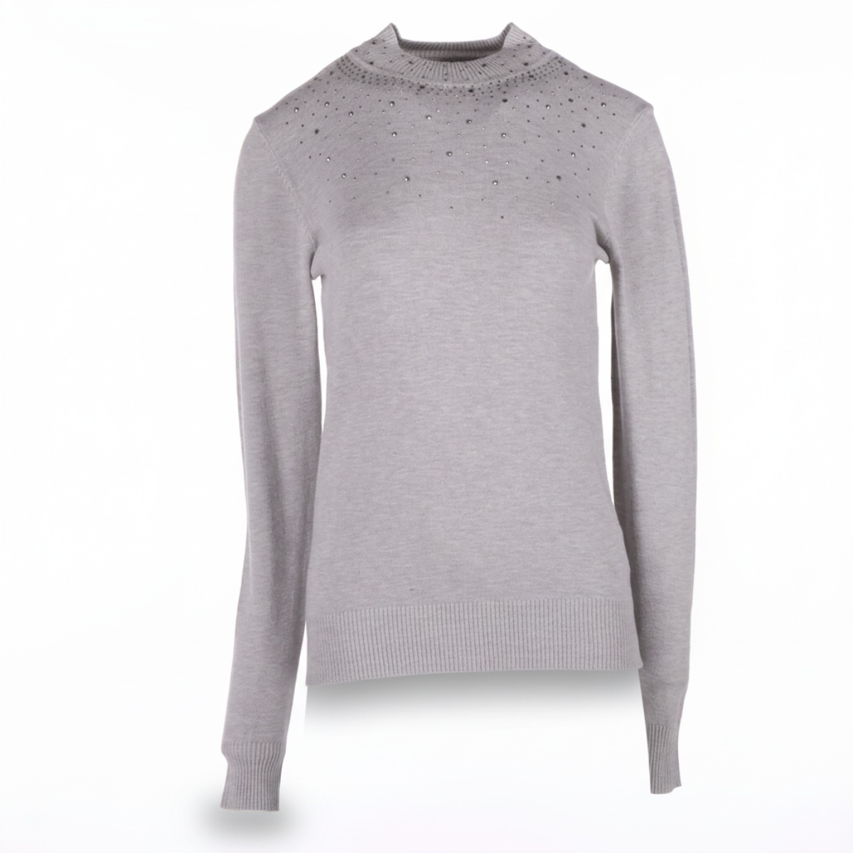 Su&eacute;ter Mujer Cuello Alto Gris con Pedrer&iacute;a Apostrophe image number null