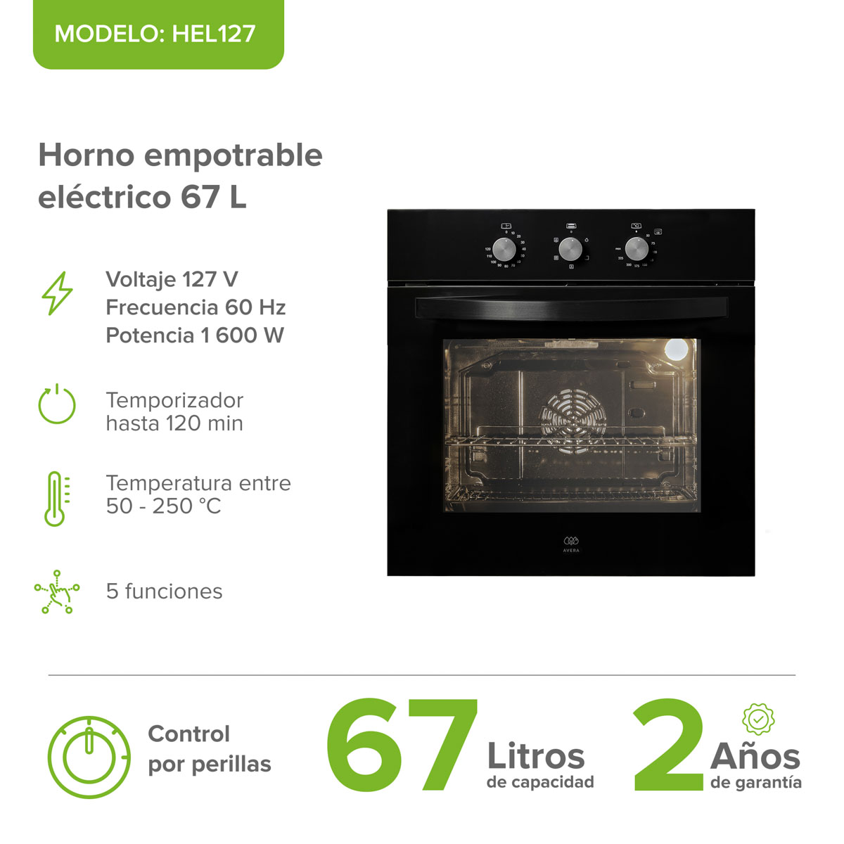 HORNO EMPOTRABLE ELECTRICO 67L CON CONV HEL127 image number null