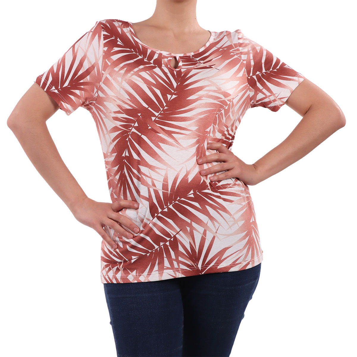 Playera Hojas Tropicales Escote Gota Michel Rene Mujer image number null