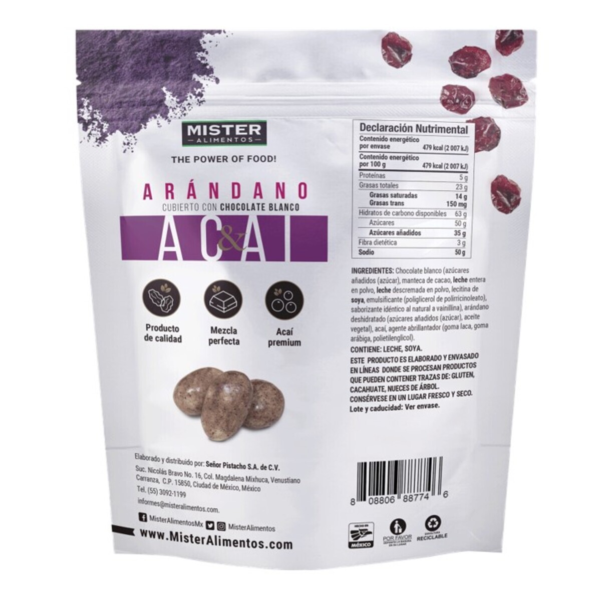 &nbsp;Ar&aacute;ndano Cubierto Con Chocolate Blanco Y Acai 100g Mr Pistacho image number null