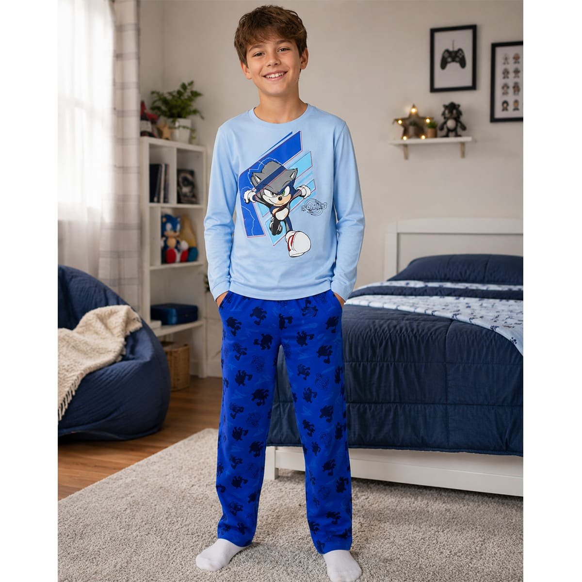 Pijama de Playera Manga Larga y Pantal&oacute;n con Dise&ntilde;o Azul Marino Sonic para Ni&ntilde;o image number null