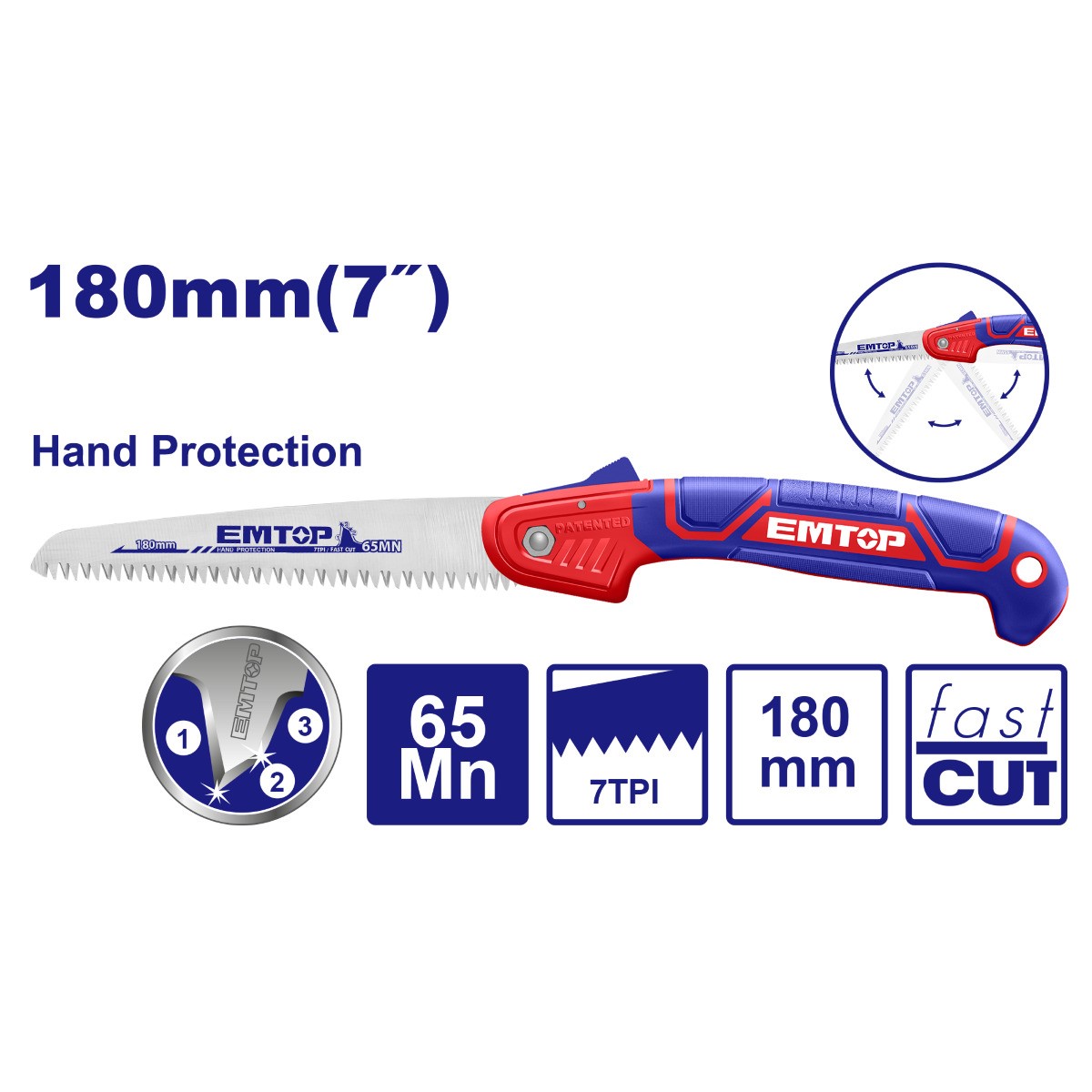Sierra de mano plegable, 7" con dientes triples EMTOP image number null