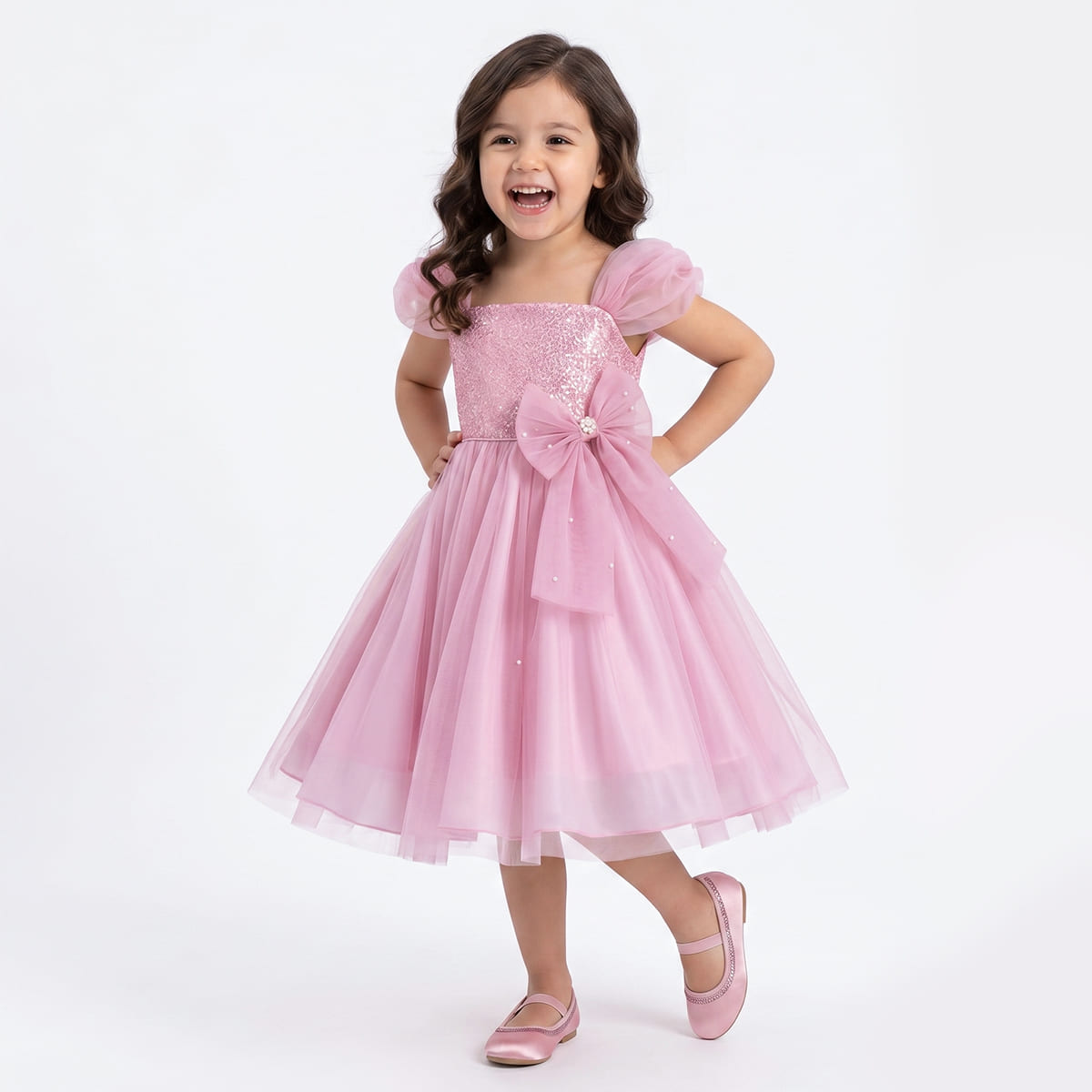 Vestido con Manga Ca&iacute;da de Tul y Mo&ntilde;o en Cintura Gerat para Ni&ntilde;a image number null