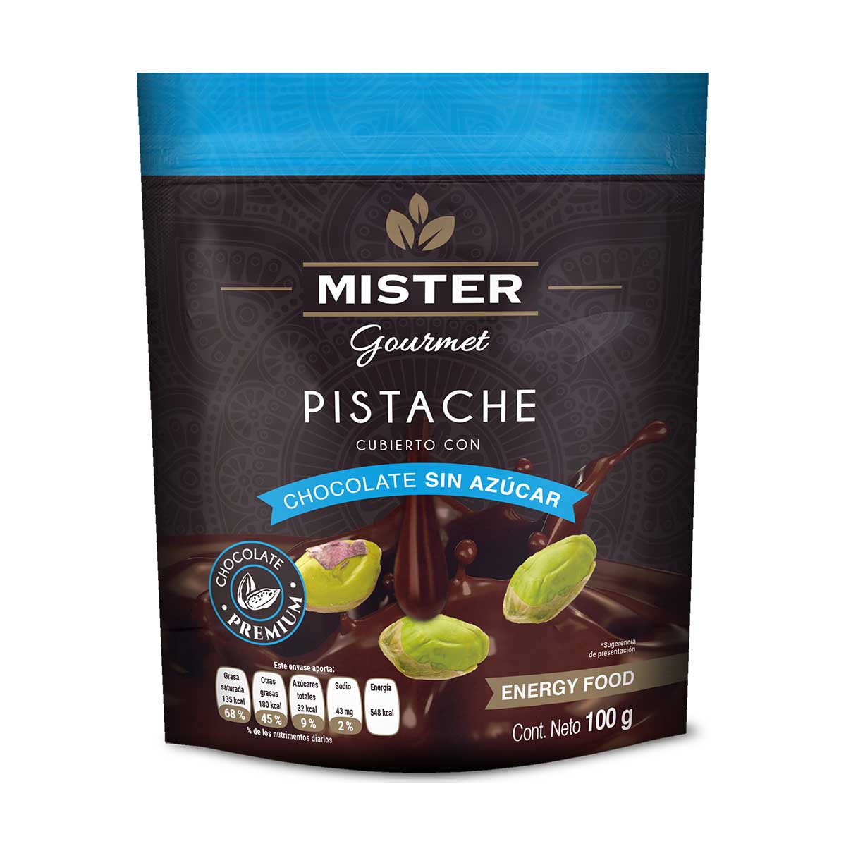 &nbsp;Pistache Con Chocolate Sin Az&uacute;car 100 Grs Mister Alimentos image number null